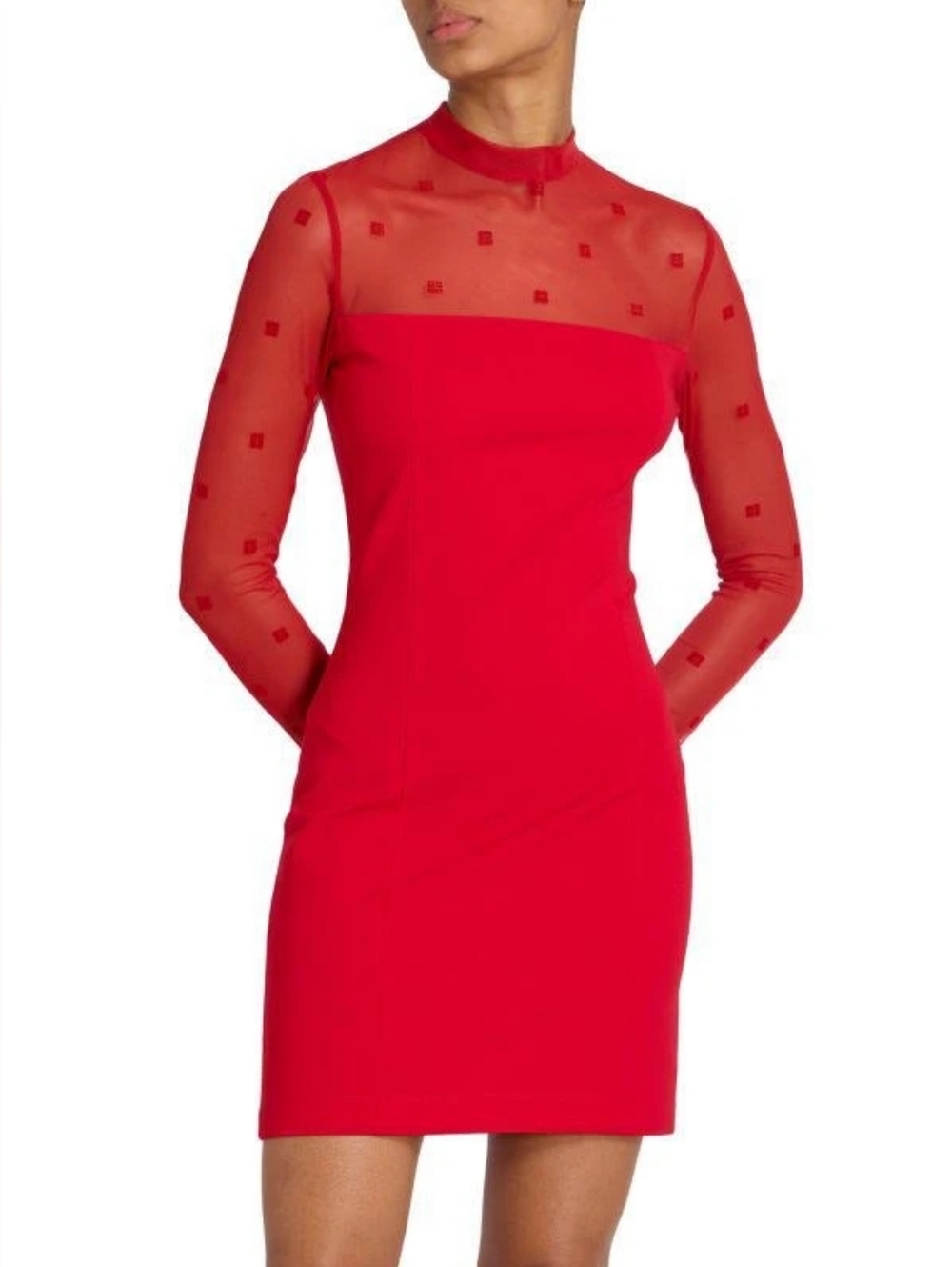 GIVENCHY 4G Mixed Media Long Sleeve Mock Neck Dress Red FR 36 US 4 S Org $1,720